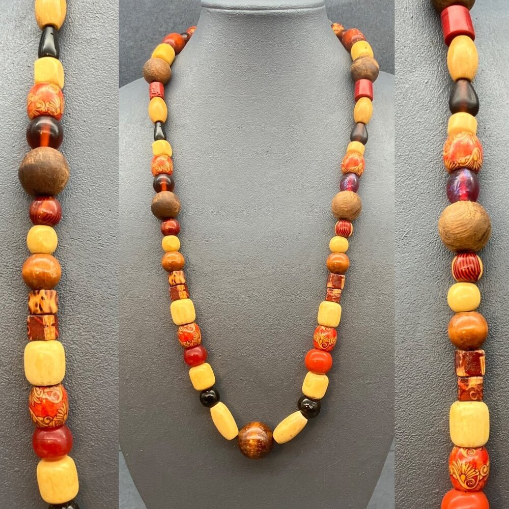 Bohemian Statement Necklace 30 In Wooden Resin Beads Artisan Crafted Hippie Hook